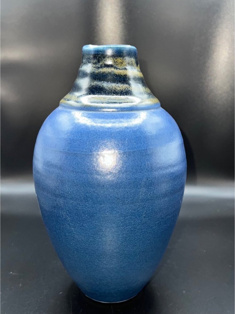 Handcrafted Signed Blue Ceramic Vase Gradient Neck Decorative Pottery 9.5” Tall